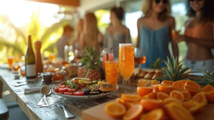Sunny Brunch with Friends in Tropical Ambiance, vibrant brunch table set outdoors with a tropical backdrop, featuring fresh fruits, drinks, and friends enjoying a sunny gathering
