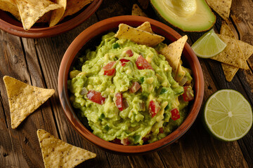 Mexican guacamole with nachos on wooden background