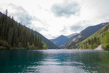 Fototapeta premium Picturesque mountain lake surrounded by dense green pine forest