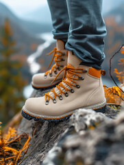 Hiking boots on a rocky mountain trail.