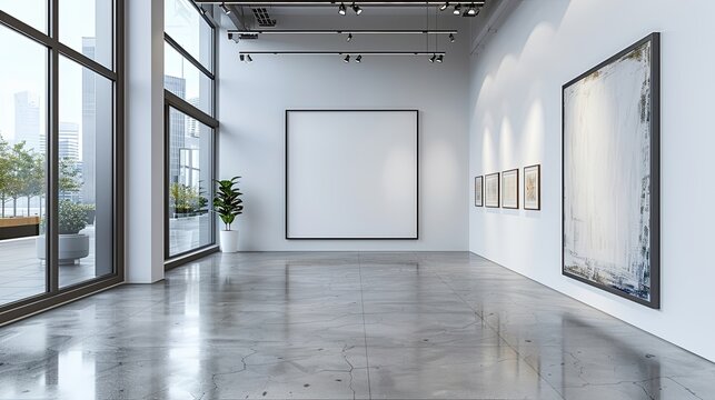 A large empty room with a white blank frame on wall and a white floor. The room is empty and has no furniture