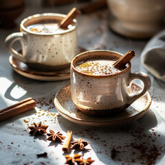 hot chocolate with cinnamon and star anise on the table