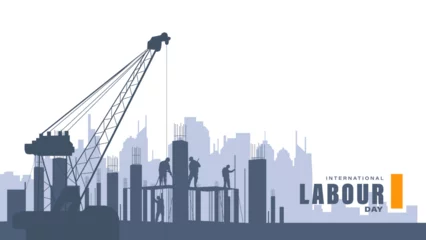 Poster Labour day background design with construction workers and crane machine vector illustration © Djoyotrue