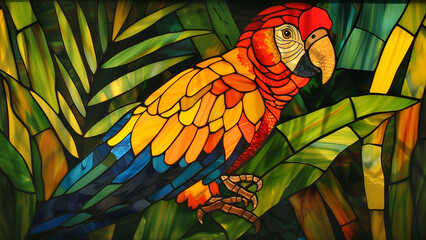 Metallic Melodies: A Detailed Stained Glass Parrot on Grass - obrazy, fototapety, plakaty