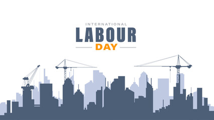 International labour day celebration with silhouette building and worker illustration background