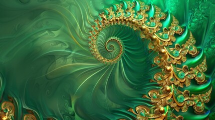 Vibrant fractal pattern reminiscent of a fern spiral brilliantly rendered in emerald and gold hues isolated on a gradient background