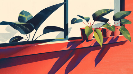Illustration of flowers or plants in pots on a windowsill or shelf