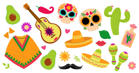 Cinco de Mayo sticker set, May 5, mexican holiday. Set isolated elements of design flyers, banners and social media posts . Mexican heritage and culture. Vector illustration.