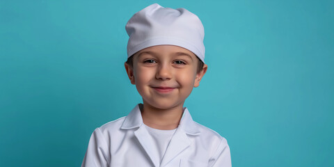 Portrait Cute preschool boy in white medical uniform, child playing hospital game, posing as a doctor, pediatrician. on teal color background professional photography.