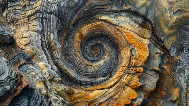 Vivid spiral patterns in a natural rock formation exhibiting complex psychedelic textures and colors
