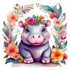 Watercolor illustration portrait of a cute adorable hippo animal with flowers on isolated white background.
