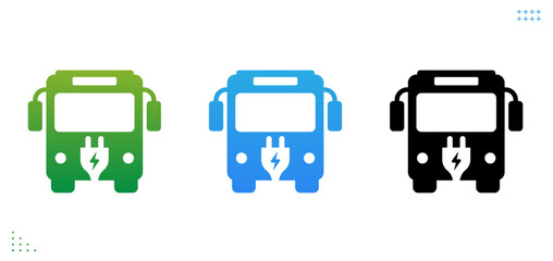 Green, blue electric bus with plug, ev charge station.Recharger station. Friendly eco energy. Sustainable green energy. Vector illustration