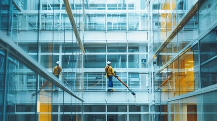 Professional office cleaner tackling tasks in modern workspace interior - maintenance and hygiene concepts