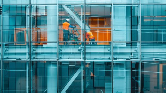 Professional office cleaner tackling tasks in modern workspace interior - maintenance and hygiene concepts - Powered by Adobe