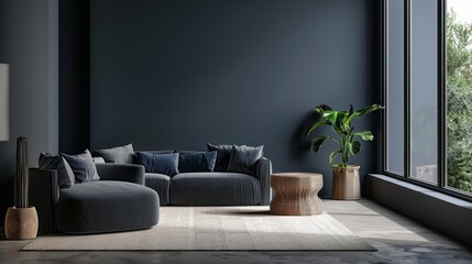 Moody elegance: navy blue and gray designed living room or business lounge with blank wall mockup for custom backgrounds