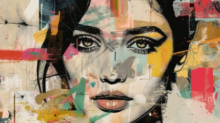 Captivating vintage collage: abstract pop art portrait of a charming young woman