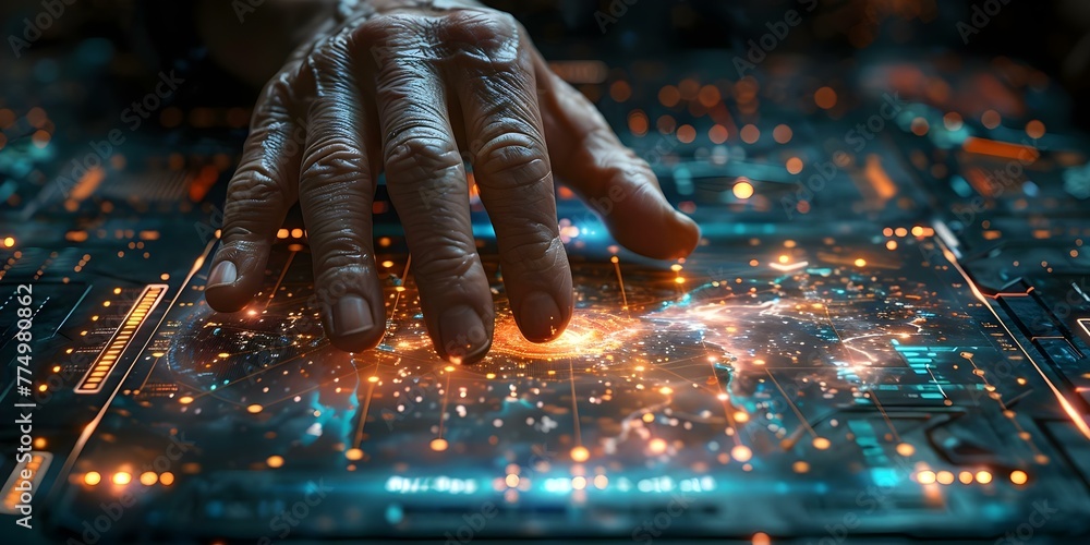 Poster visualizing project management: a businessman utilizes holographic planner software to display digit