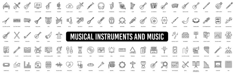 Musical instrument line icon set. Guitar, Treble Clef, In-ear headphones, trumpet icon © 4zevar