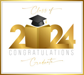 Class of 2024 graduation congrats. Golden number 20 24 with open book. 3D graphic elements. Diploma design. Wallpaper banner with cute gold frame. Congratulations graduates. Certificate template.