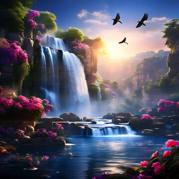 beautiful waterfall and beautiful flower and fly birds