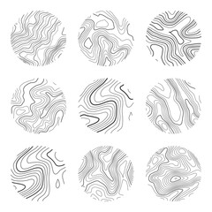 Topographic map with contour lines. Geographic terrain grid, relief height elevation. Ground path pattern. Travel and navigation, cartography design element. Vector illustration