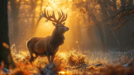 Beautiful red deer with large antlers at sunrise in autumn. - obrazy, fototapety, plakaty