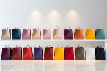 many colorful stylish, high quality, different sizes, thick paper shopping bags on a white stone pedestal with lights on it сreated with Generative Ai