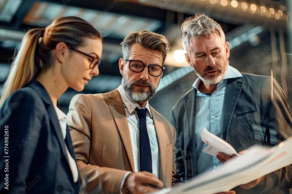 Poster powerful brainstorming session: three men in suits sit at a table, deep in discussion and decision-m