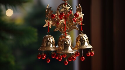 Decorative christmas ornament with christmas golden bells or jingle bells Christmas decoration - obrazy, fototapety, plakaty