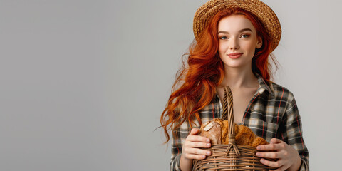 Stylish young red haired woman carrying basket with bread red clothes isolated on white wall background High resolution professional photography.