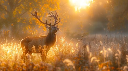 Red deer with large antlers standing in meadow at sunrise.