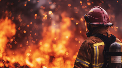 A solitary firefighter stands with his back to the camera, facing an intense blaze, poised and ready for action.