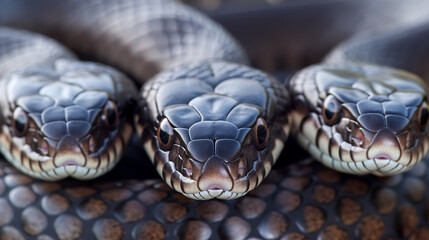 Fototapeta premium Three snakes with intricate scales face the camera, their calm gaze and patterned skin showing nature's detailed work.