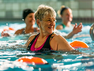 Active mature women enjozing aqua gzm class in a pool, healthz retired lifestzle with seniors doing aqua fit sport 