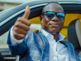 African American businessman showing thumb up while on expensive ca, New car, Car insurance concept. 