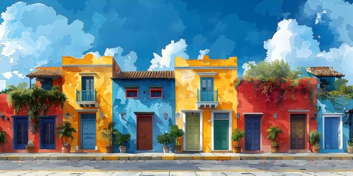 Fototapeta Vibrant watercolor streets of Cartagena de Indias Colombia. Concept Travel Photography, Street Scenes, Colombian Culture, Vibrant Colors, Watercolor Aesthetics