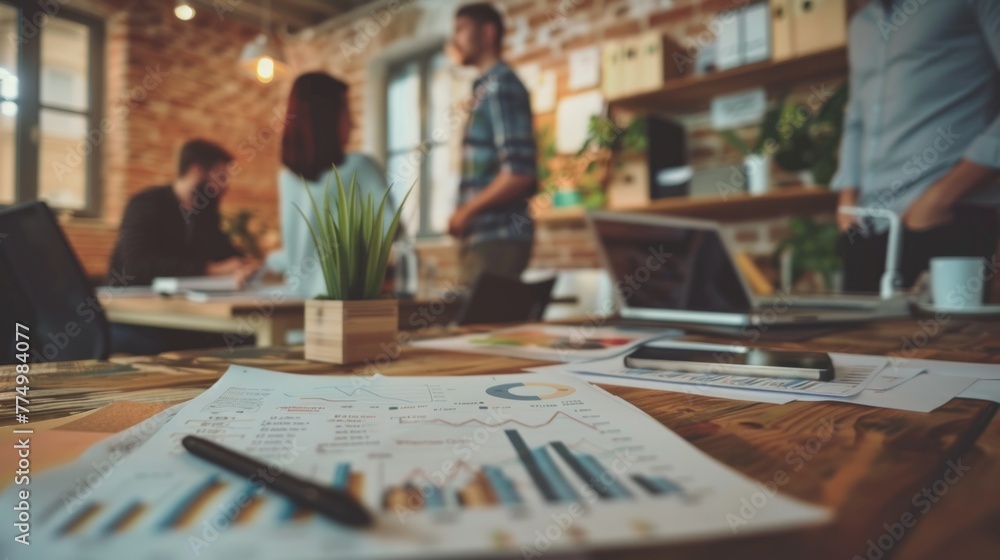 Poster integrated productivity: group of individuals working together around a table with papers and a lapt