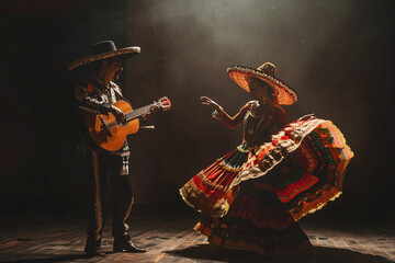 man playing guitar and woman dancing in mexican traditional costumes over dark background