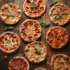 Fototapeta na wymiar top view of many different pizzas on the wooden table