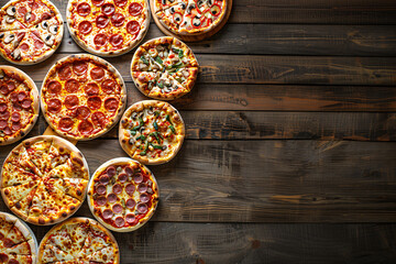 many different pizzas on the wooden table background with copy space - obrazy, fototapety, plakaty