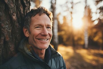 Portrait of a smiling senior man leaning against a tree in the forest