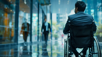 Confident Indian man sitting in a wheelchair in a corporate business environment, inclusion