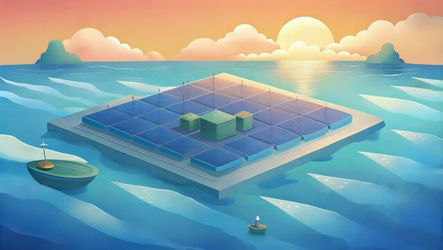 An artists rendering of a floating solar farm which will be deployed in the middle of the ocean to provide energy to nearby coastal communities.
