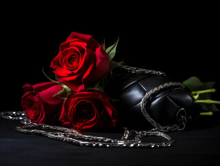 BDSM objects with red rose, black leather handcuffs and on e branch of fresh red rose bouquet on black background, with copy space. 