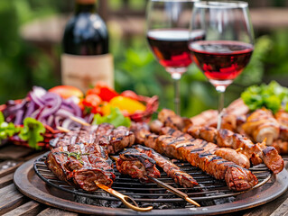 Backyard dinner table have a tasty grilled BBQ meat, Salads and wine with happy joyful people on background. 