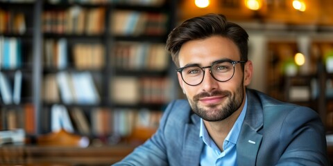 Fototapeta premium A handsome smiling businessman with glasses in a blue suit sitting at a table,relaxing.