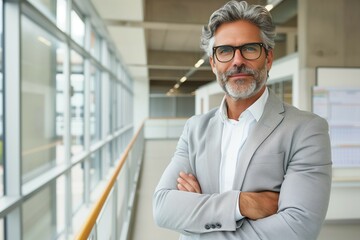 A confident senior businessman,arms crossed stands in an office, wearing glasses and smiling.