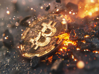 Bitcoin breaking in half with explosion, symbolizing the end of BTC 