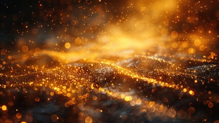 Digital Gold Particles Wave and light abstract background with shining floor particle stars dust. Futuristic glittering Luxury golden sparkling on black background - obrazy, fototapety, plakaty