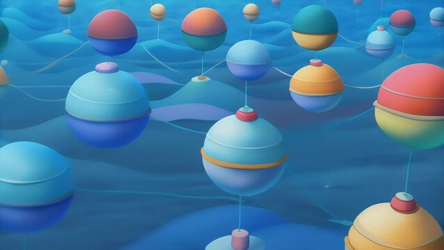 A network of colorful buoys attached to a submerged underwater system paint an image of efficient and ecofriendly energy production as they sway